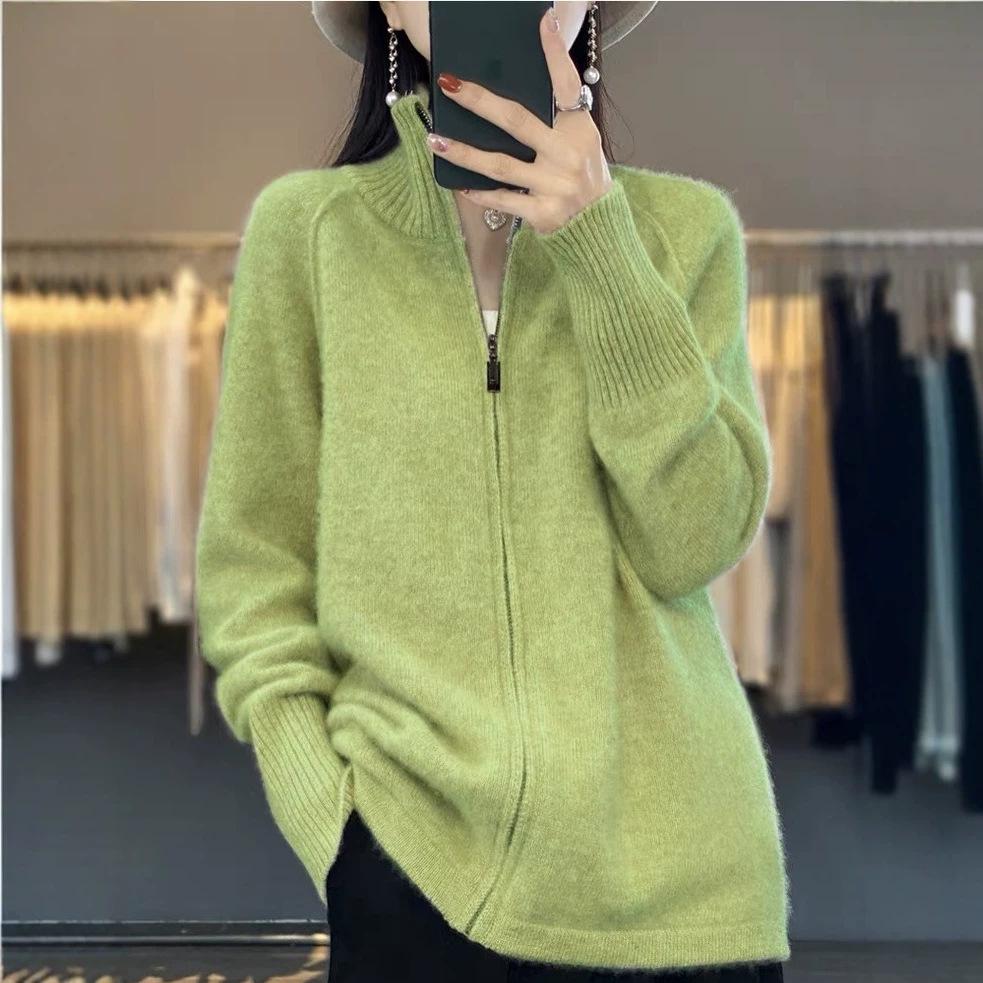 European and American Pure Color Half-High Collar Knit Zipper Sweater for Women - Autumn/Winter Loose Slimming Cardigan