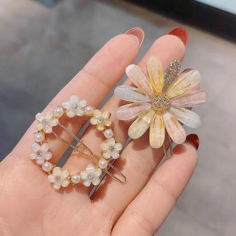 4pcs Sweet Colorful Rhinestone Pearl Hairpin Shinning Flower Heart Hair Clips Girls Side Barrettes Cute Pins Accessories