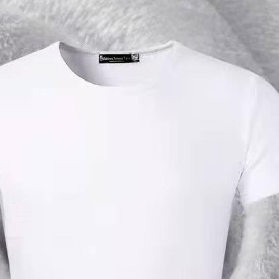 Yousheng Men Summer Top Plush-lined Short Sleeves Round Neck Solid Color Pullover Basic Top Elastic Bottoming Clothes