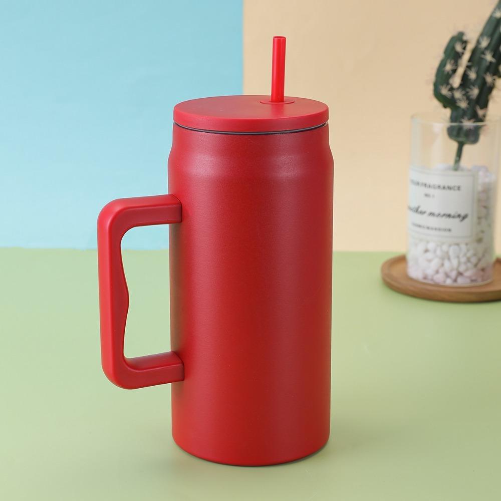 With Handle and Straw Lid Water Bottle Simple Sippy Cup Modern Thermal Cup  Unisex