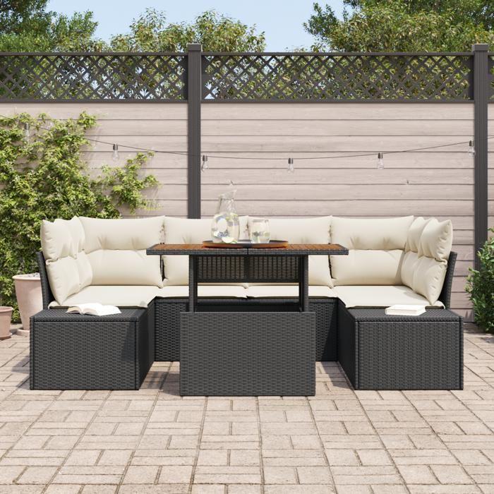 VidaXL Ensemble de salle à manger de jardin 7 pièces avec coussins en poly rattan noir et acacia 3349914