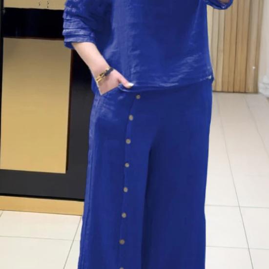 Women's Loose Cotton Linen 2-Piece Outfit Short Sleeve Top And Split Wide Leg Pants Set Summer Casual Lounge Set