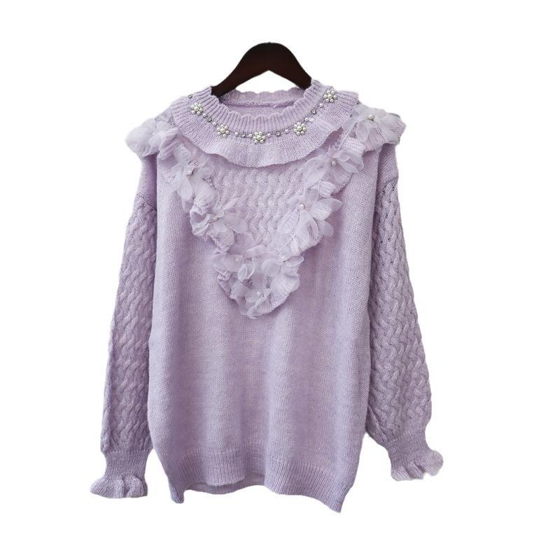 Bead Splicing Mesh Knitted Sweater Top Autumn and Winter New Loose Sweet Soft Waxy Gentle Sweater Pullover Woman
