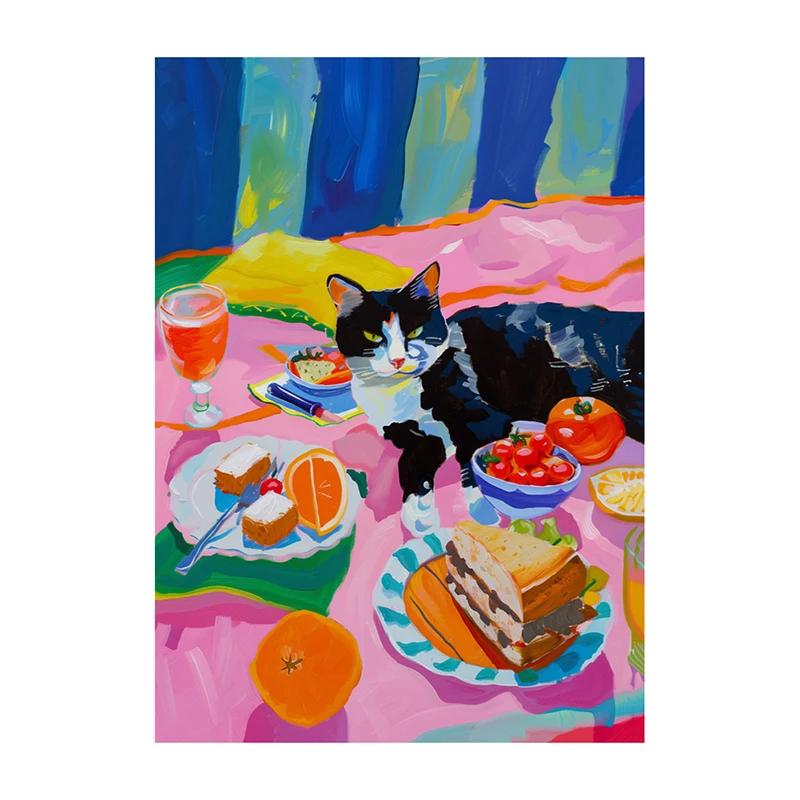 Poster Decorazione Bagno Massimalista Pittura su Tela Gatto Trendy Stampa Dopamina Estetica Kitsch Quadri per Decorazione Casa