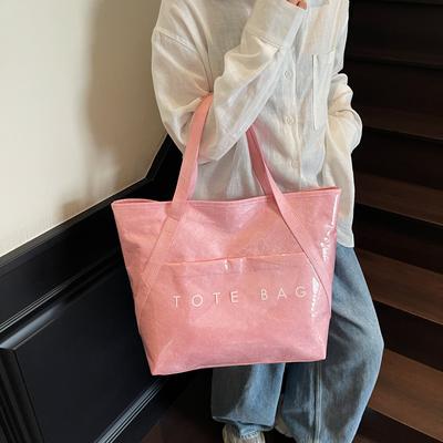 PVC Simple Handbag Large Capacity All-Match Shoulder Bag Letter Printed Kraft Paper Shoulder Bag Shopping Work Date Tote Bag