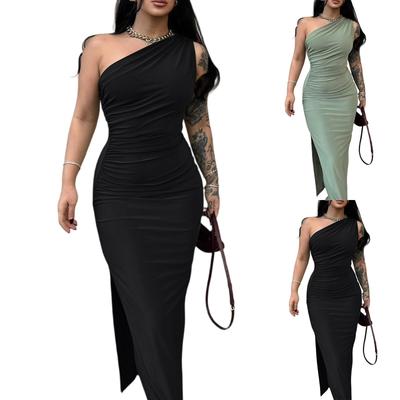 Ladies' Fashionable Solid Color Single Shoulder Sleeveless Pleated Slit Dress With Temperament