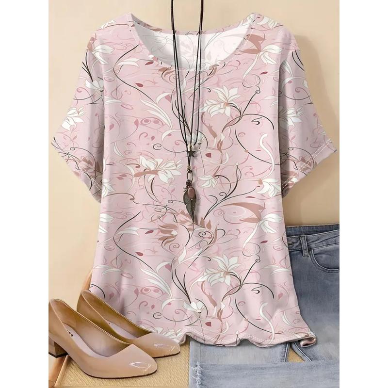 Fashion Women s Crew Neck T-Shirt 3D Color Printing Flower Short Sleeve Crew Neck Short Sleeve XS