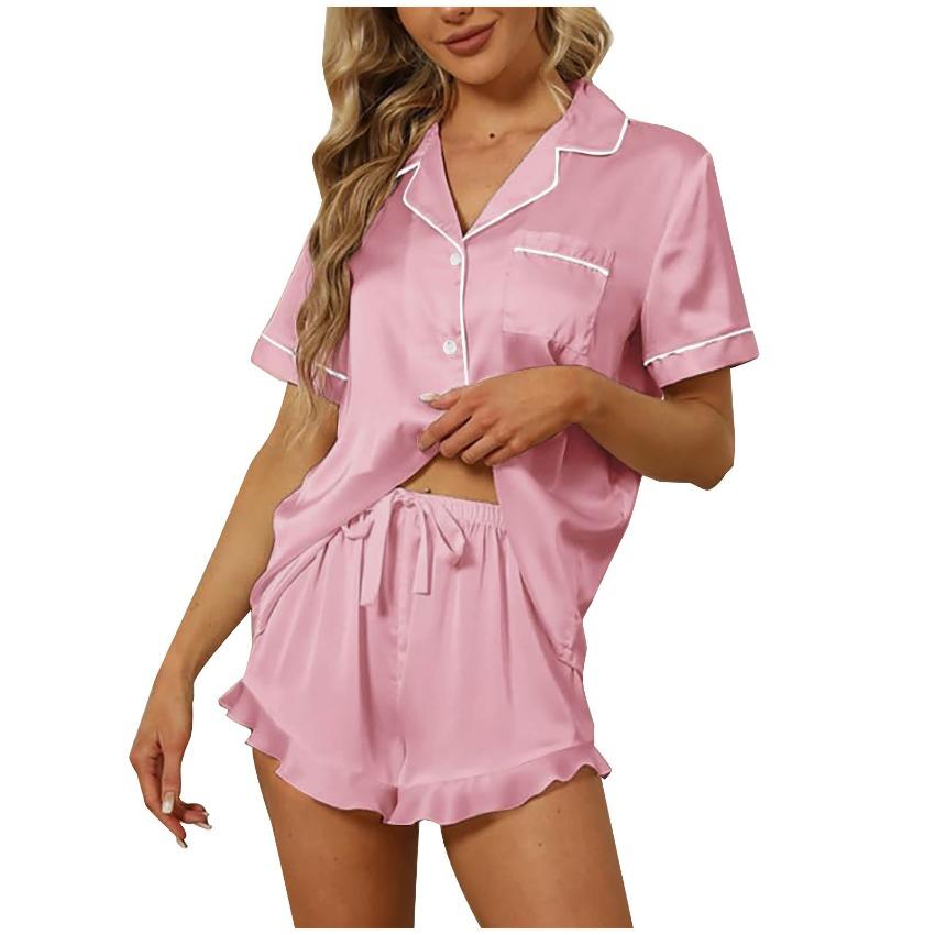 2026 Women Solid Color Pajama Set, V-Neck Short Sleeve Shirt & Lapel Loose Loungewear Set