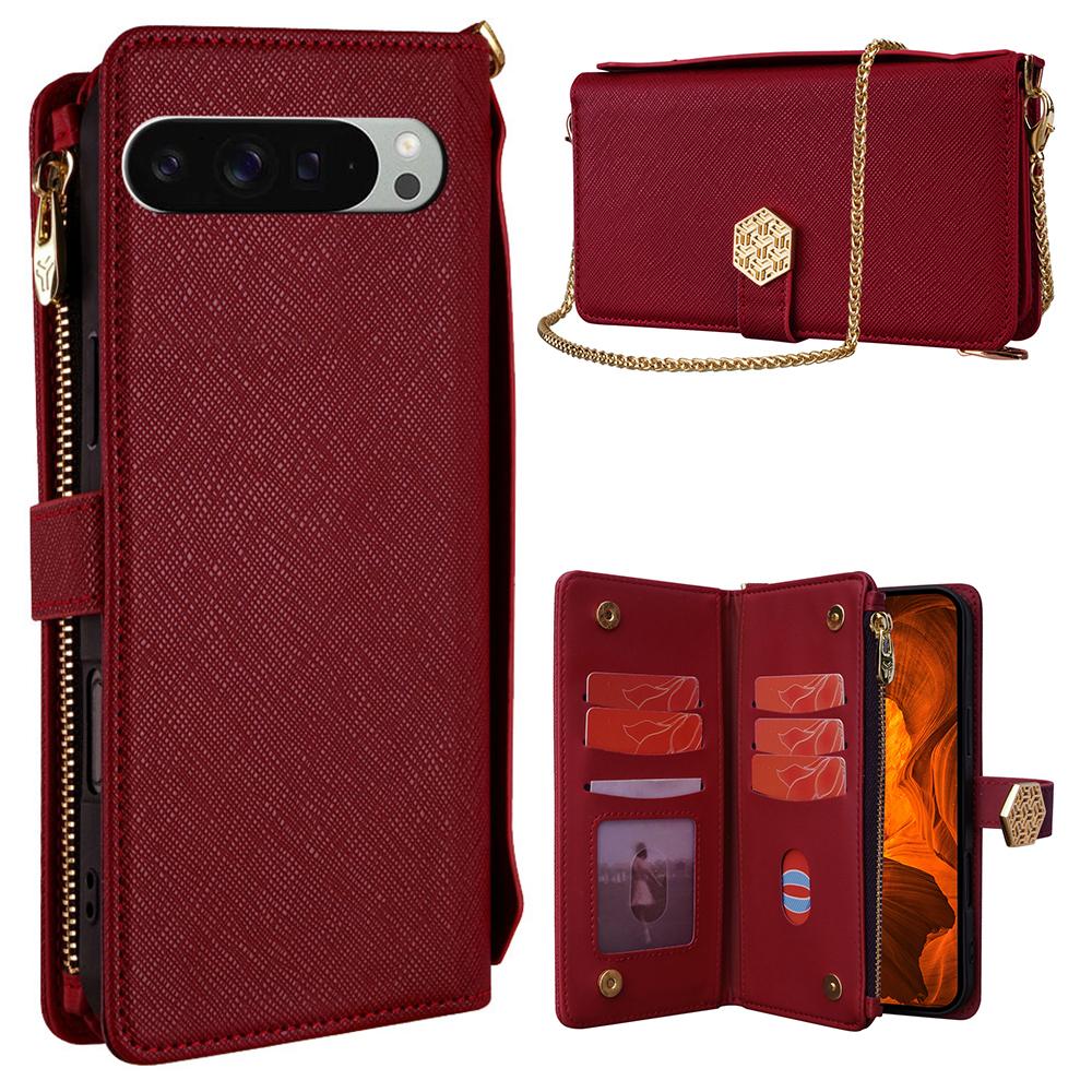 For Google Pixel 9 Pro XL Case Cross Texture PU Leather+TPU Wallet Phone Cover with Strap