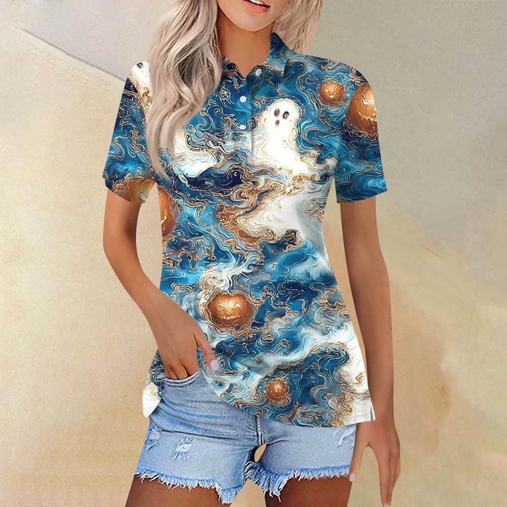 Women's Fashion Casual Lapel Short Sleeve Printed Shirt Women's Button Up Tops