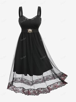 Rosegal Μεγάλα Μεγέθη Vintage Φλοράλ Δαντέλα Διχτυωτή Επικάλυψη Κέλυφος Αγκράφα Πίσω Αμάνικο Φόρεμα Α γραμμής με Βολάν
