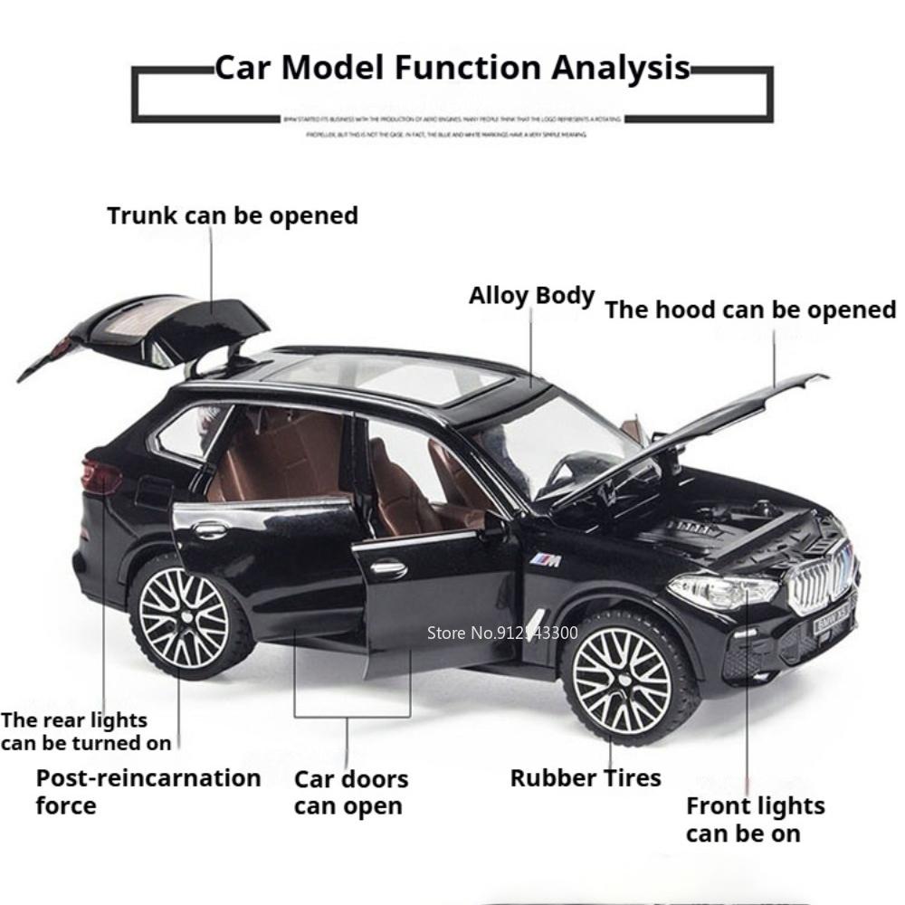 1:32 Scale X5 M8 Car Model Toy Doors Opened Rubber Tires Cars Pull Back Sound Light Miniature Models for Boys Hobby Collections
