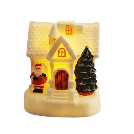 Christmas Tabletop Ornament LED Lighted Village House Statue, Light Up Small Figurines with Miniature Snow Scene Decor Xmas Tree Santa Claus,