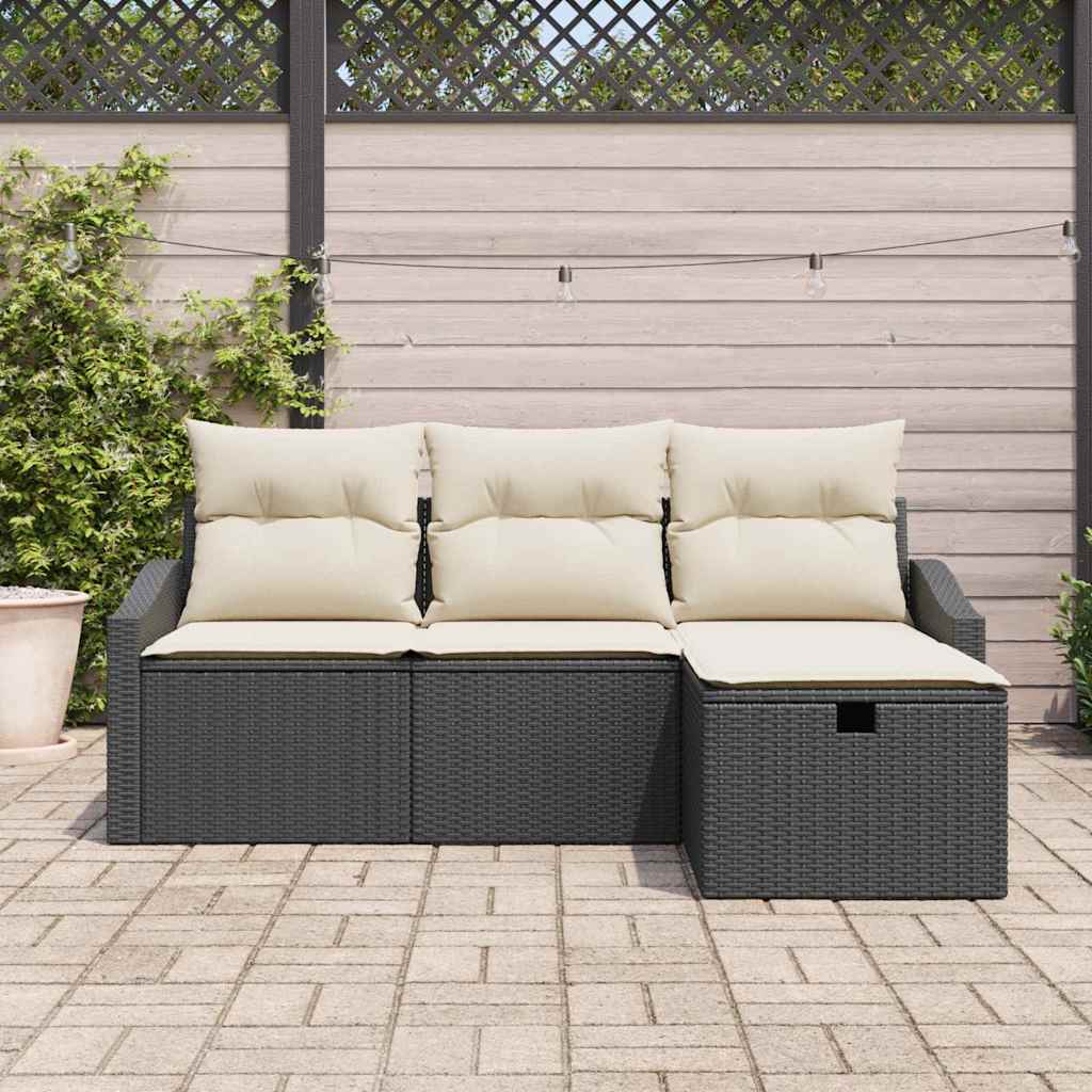 4 Piece Sofa Set with Cushions and Storage Black Poly Rattan