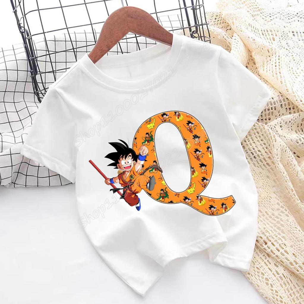 Dragon Ball Goku T-shirt Children A-Z Letter Tee Top Cartoon Summer Fashion White Short Sleeve Clothing Kids Casual Clothes Gift