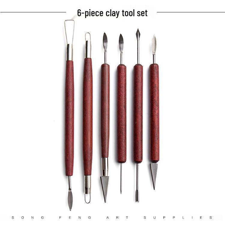 Red Six-Piece Wooden Pottery Clay Carving and Trimming Tool Set
