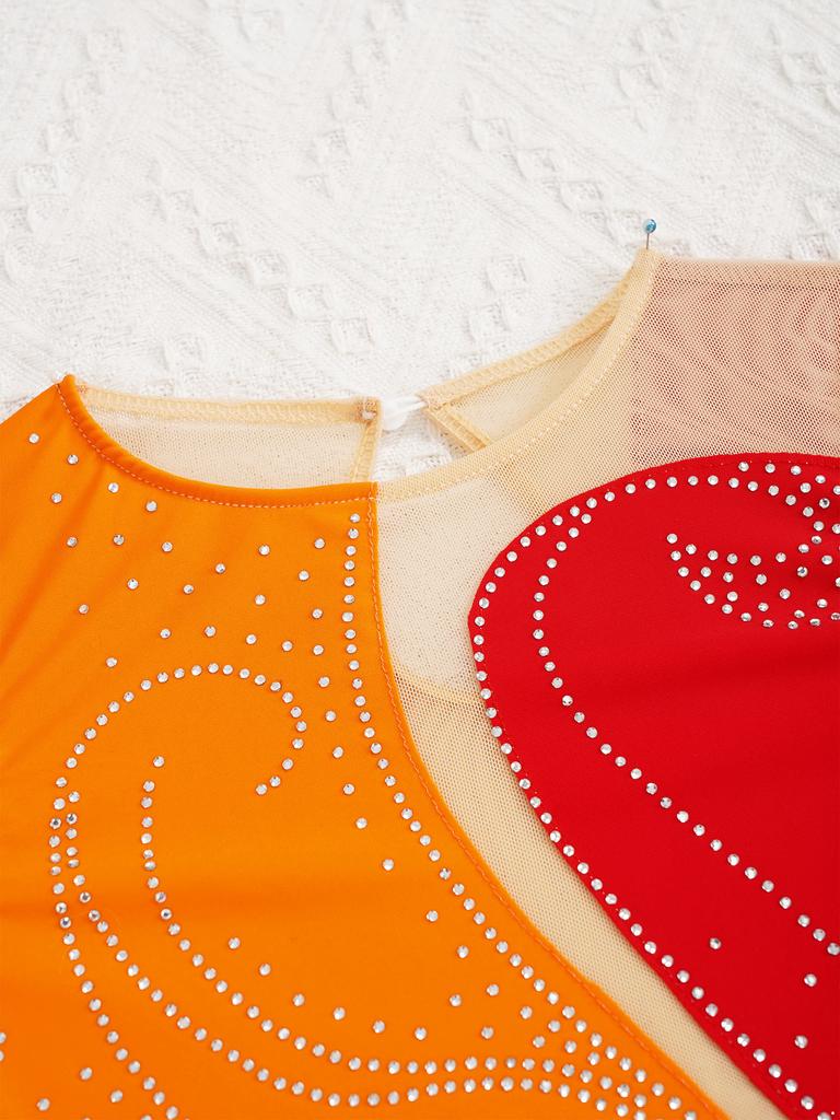 Kinder Mädchen Glitzerndes Tanzkleid Ärmellos Rundhalsausschnitt Strass Patchwork Hohlrücken Partykostüm