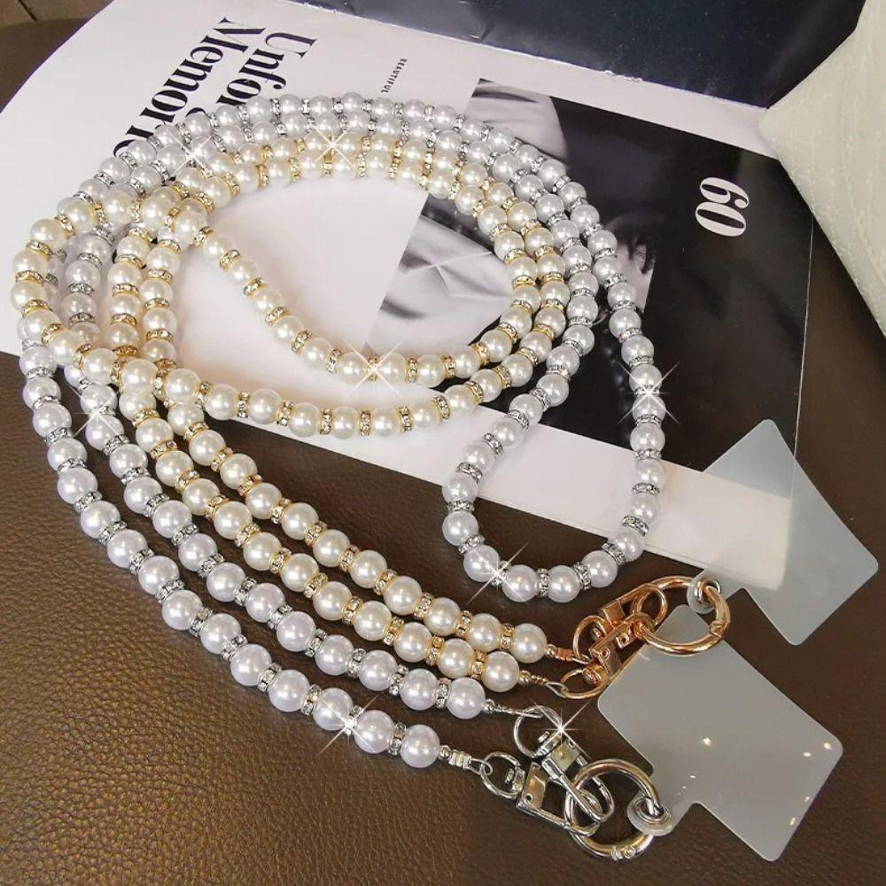 Fashion Single Shoulder Pearl Phone Lanyard With Patch Crossbody Bead Phone Chain Anti Drop Glitter Cellphone Straps Phone Charm