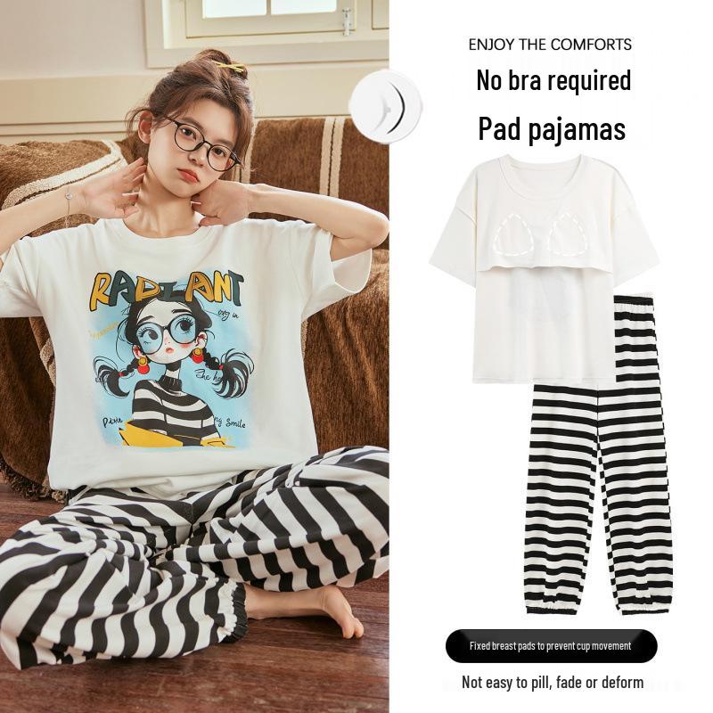 Summer Cotton Pajama Set for Women: Short Sleeve, Long Pants, Cute Design for Teens, Perfect for Spring and Summer.