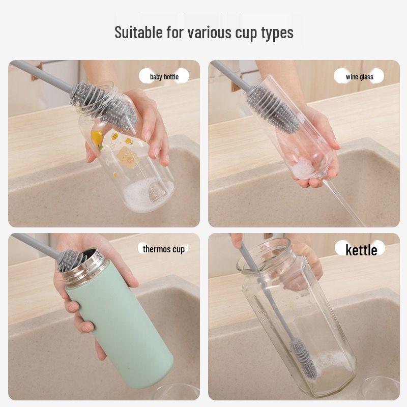 Extra Long Handle 360° Rotating Silicone Brush for Bottles and Cups