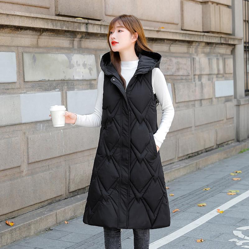 Womens Ladies Warm Plus Size Solid Color Hooded Single Breasted Medium Length Cotton Jacket Waistcoat Slim Cardigan Coat