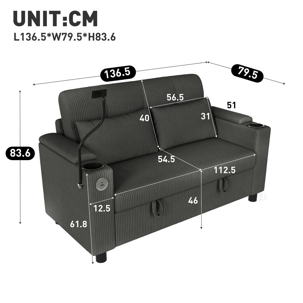 Modern 2-Seater Sofa with Hidden Storage, Button Tufting, Cup Holder, Armrest Storage, USB/Type-C Port, Phone Holder, 2 Lumbar Pillows, Corduroy, Grey
