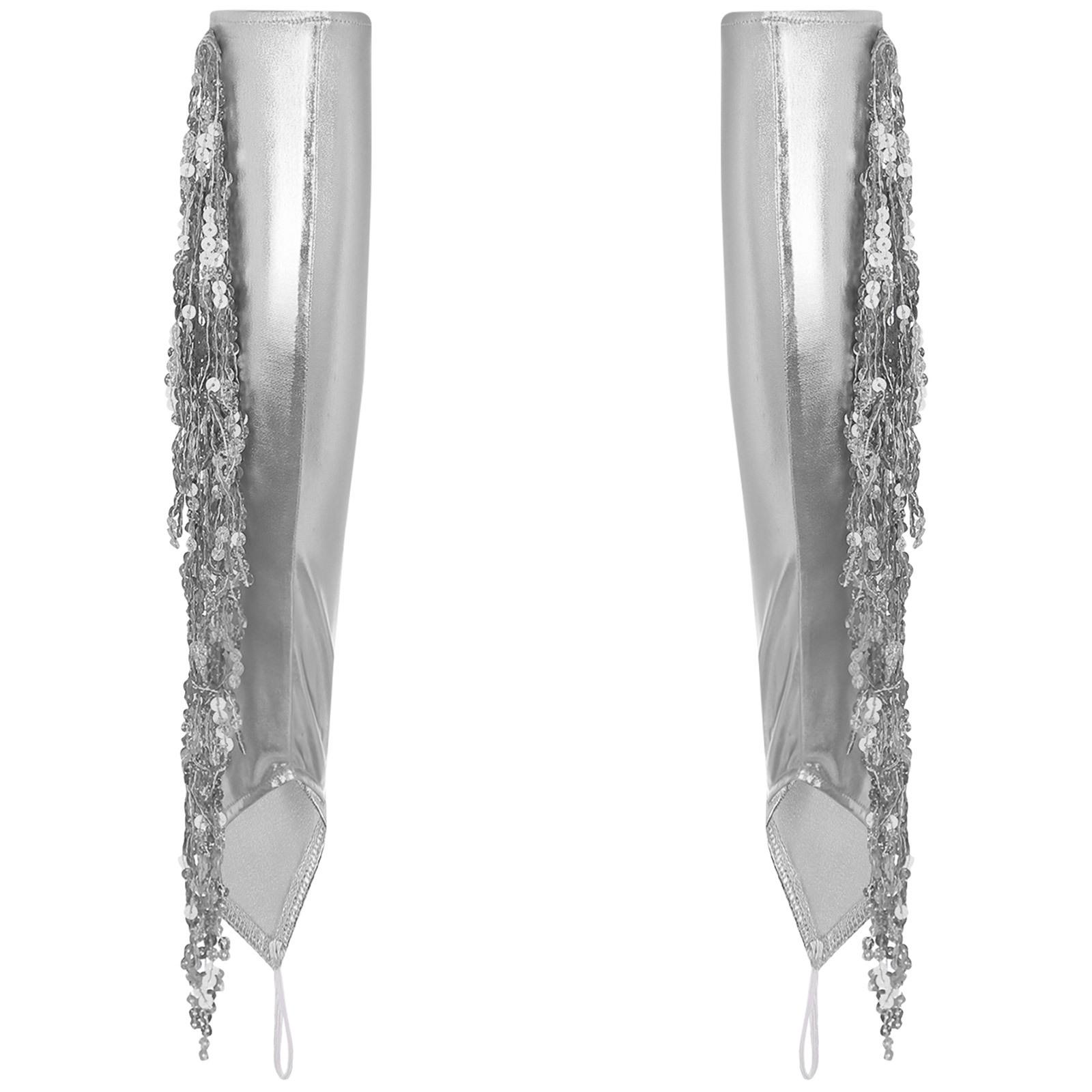 

Металеві оперні рукавички для дорослих з китицями до ліктя для сценічних виступів або косплею One Size срібний