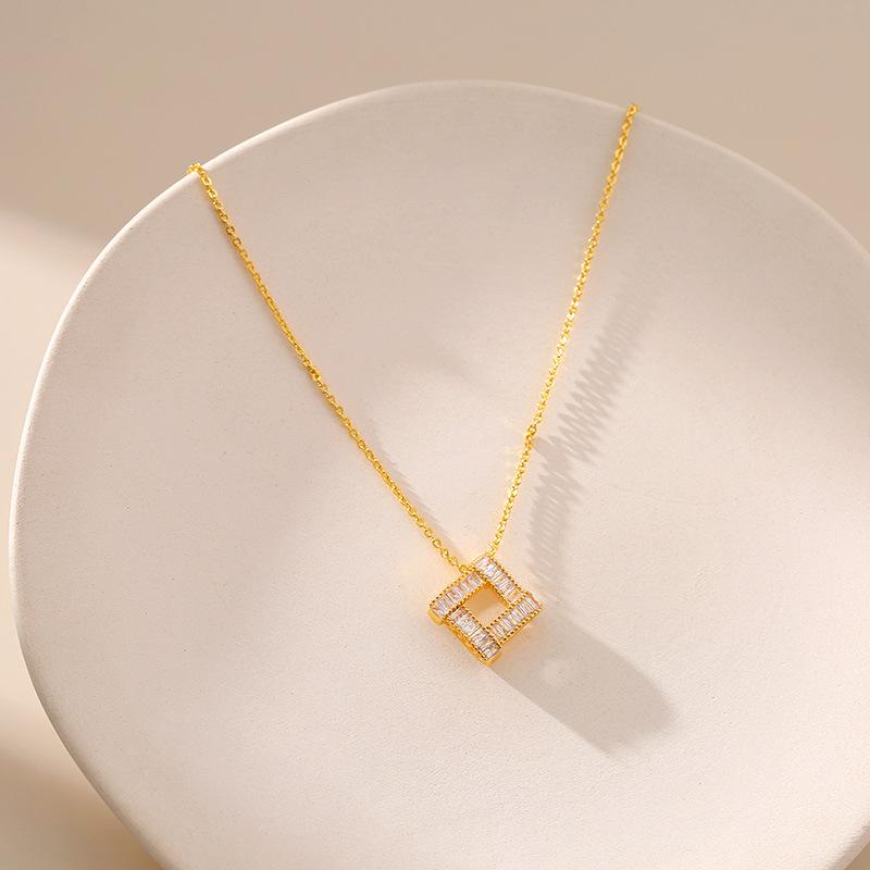 K Gold Plated Brass Geometric Square Zircon Pendant Clavicle Necklace