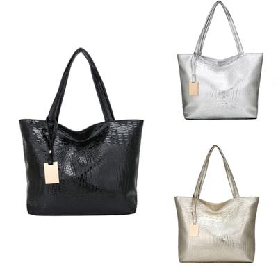 Fashion Women Sparkly Metallic PU Leather Big Shoulder Bag Casual Vintage Alligator Pattern Large Capacity Handbag Purse