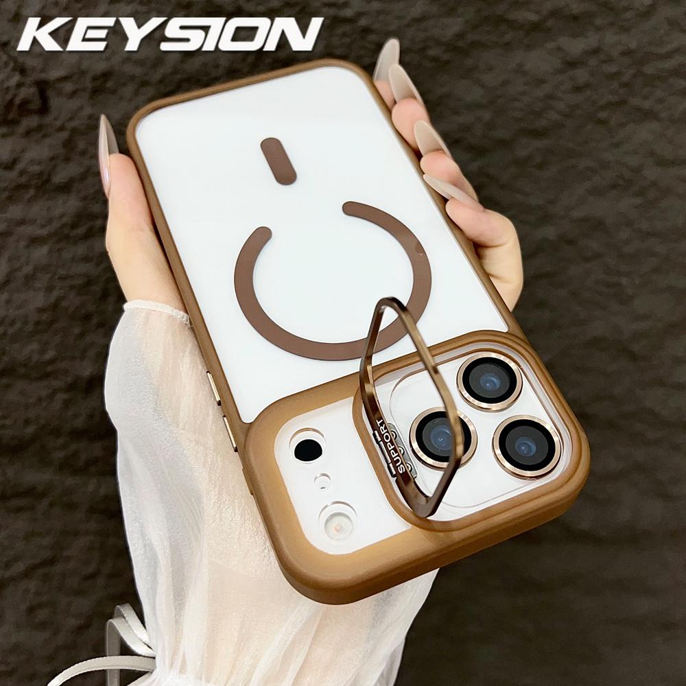 KEYSION Magnetic Transparent Phone Case for MagSafe for iPhone 17 Pro Max 17Air Metal Lens Stand Shockproof Lens Protector Cover