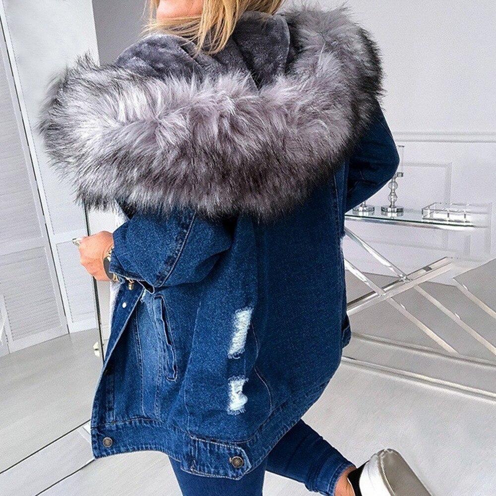 Women Winter Warm Fluffy Collar Hooded Denim Jacket Thick Plush Warm Long Sleeve Jean Coat Button Down Oversized Loose Jacket