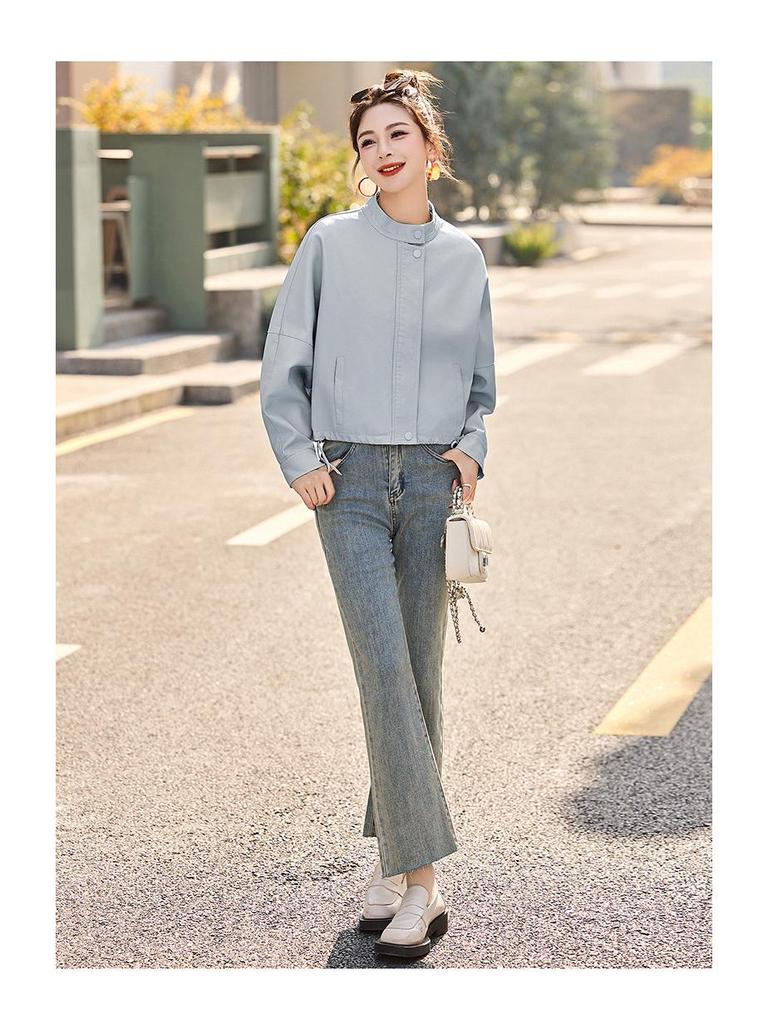 Women's Casual PU Leather Jacket with Stand Collar, Spring/Autumn 2025, Loose Fit, Small Size, XG9961