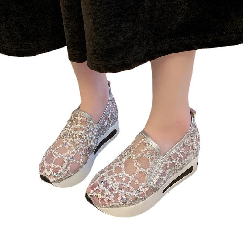 Single shoes women's summer shoes lace mesh white shoes casual foot cover slope heel inner height increase muffin women's shoes