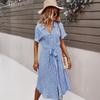 Damen Sommer Lässig Floral Midi Kleid Kurzarm V-Ausschnitt Knopfleiste Gürtel Hemdkleid mit Seitenschlitz Saum