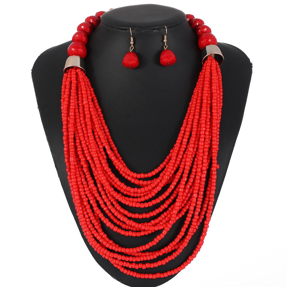 

Комплект украшений ручной работы из рисовых бусин в стиле бохо-отпуска для женщин, многослойное ожерелье, серьги, аксессуары красный