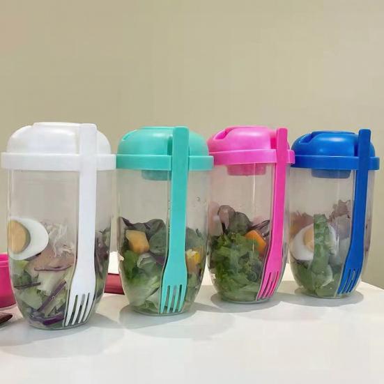 Wiederverwendbarer Salatbecher 1000ml Tragbarer Frischer Salatbehälter mit Gabel und Dressinghalter BPA-freier PP Salataufbewahrungsbecher für Mittagessen Picknick Camping