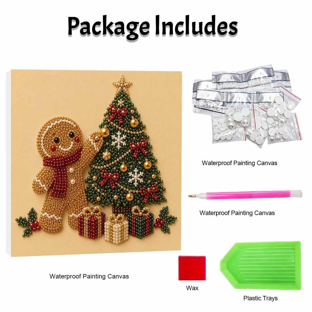 Framed Pearl Bead Art Set with Gingerbread Man Christmas Tree DIY Sparkling Canvas Painting Relaxing Hobby Gift for Holiday Wall Decor