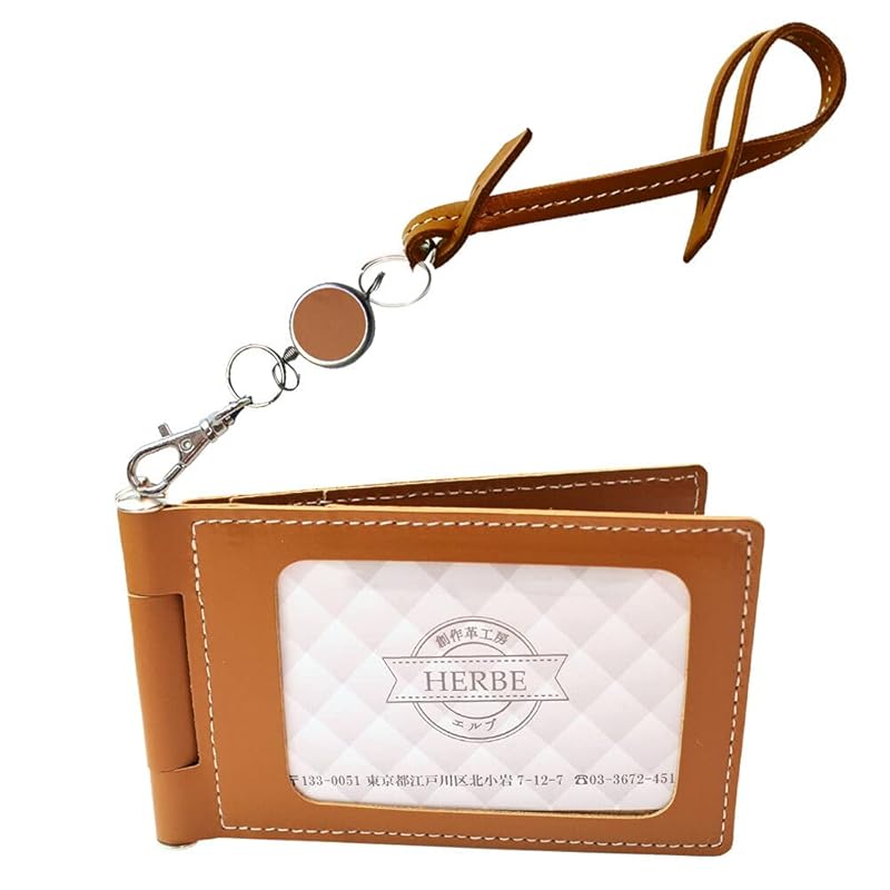 

[HERBE] pass case 4-sided storage cowhide reel leather strap rotary made in Japan commuter pass holder camel