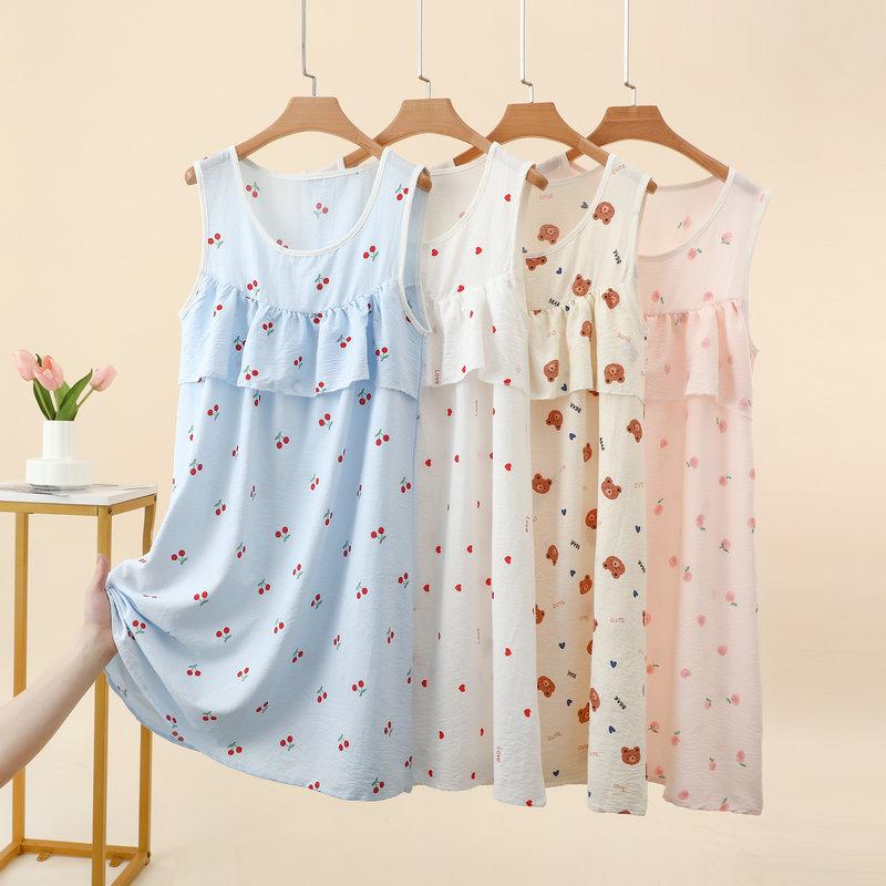 Summer Women's Floral Tank Dress Sleeveless Sleepdress Cloud Silk Cotton Anti-Bulge Camis Nightdress Loose Plus Size Loungewear Casual Wear Nightgown