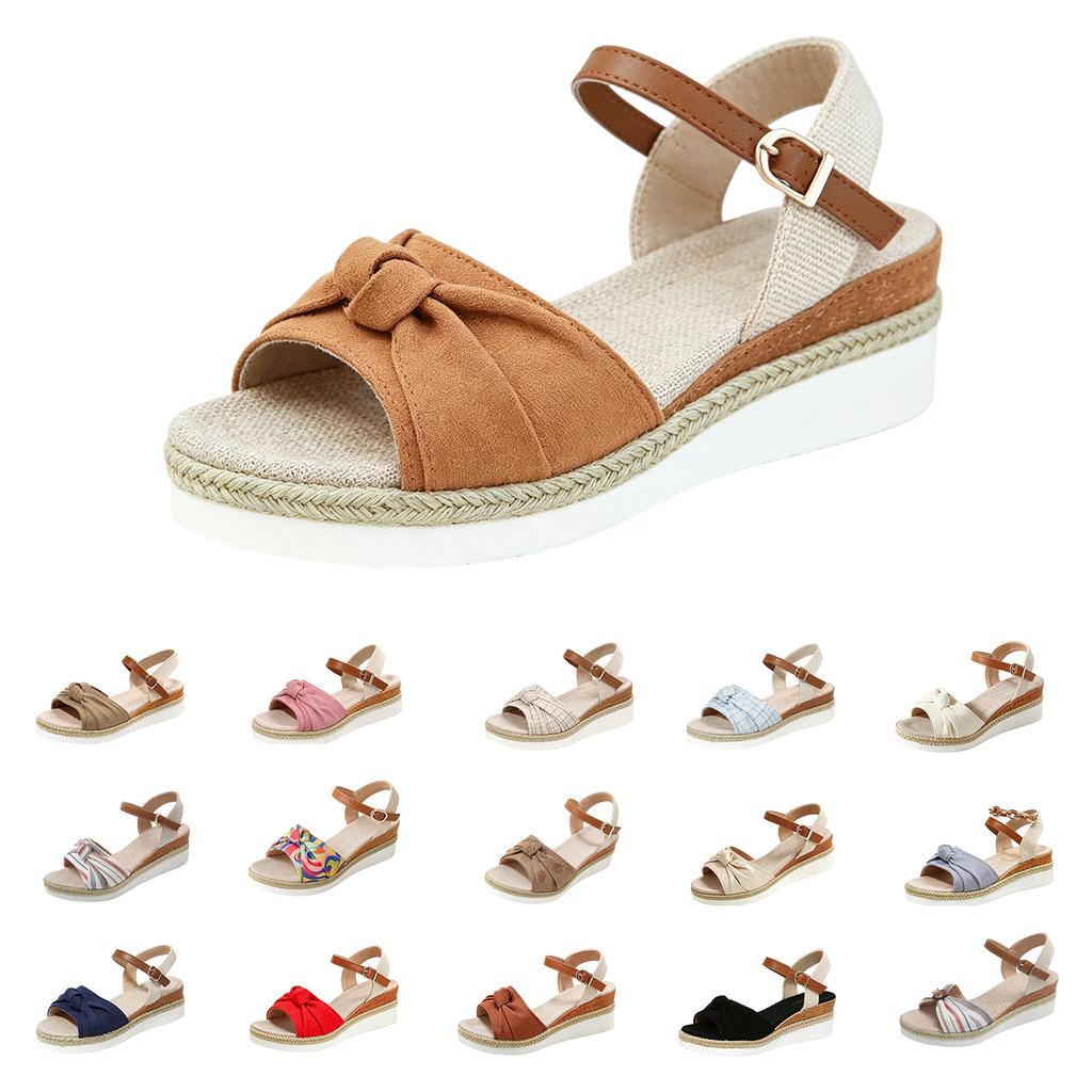 Women Summer Knotted Open Toe Ankle Strap Wedge Sandals Platform Thick Sole Casual Outdoor Shoes