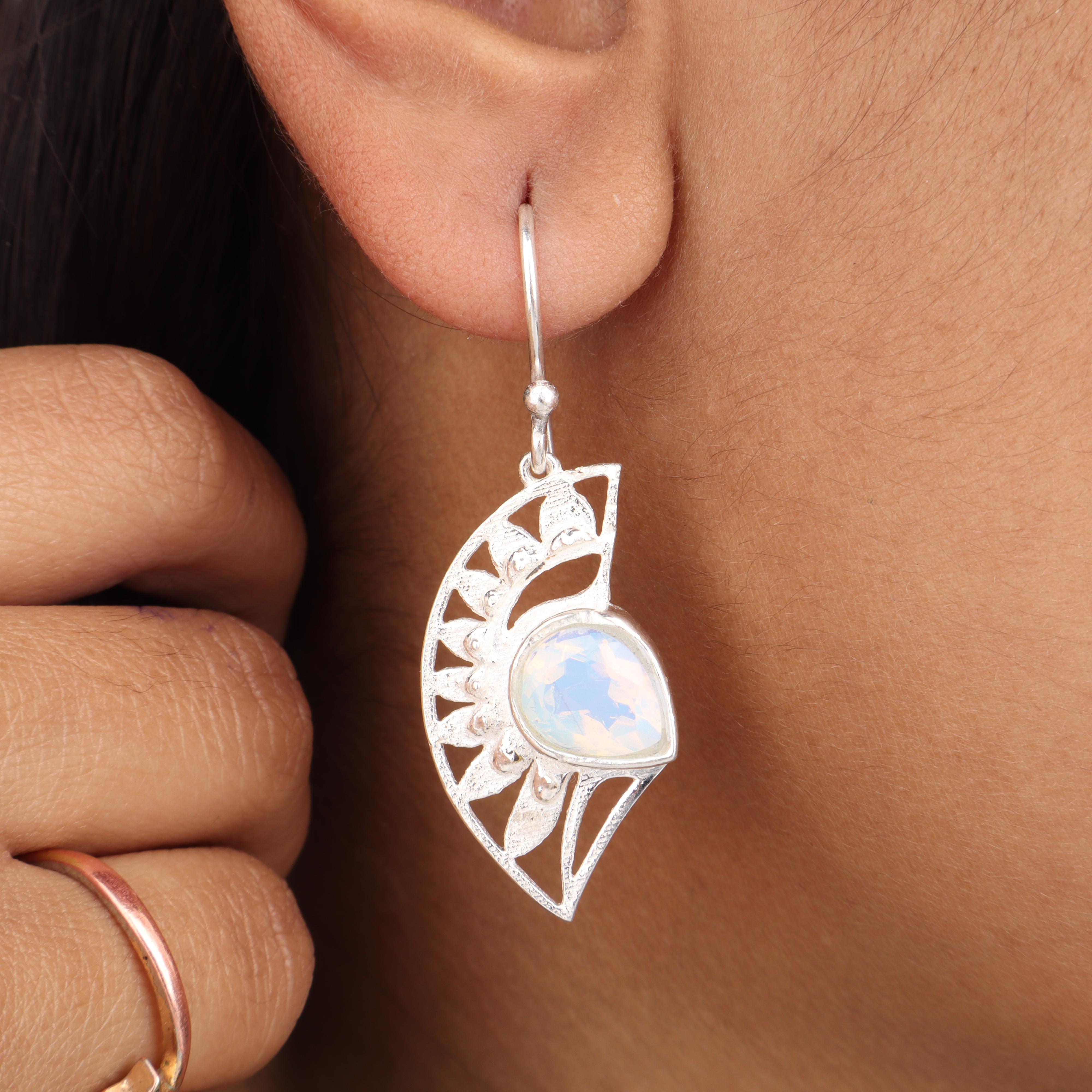

Milky Opal Gemstone Silver Hook Earring 1.5 925 Sterling Silver Women Jewelry Gift For Wife CE-26-21