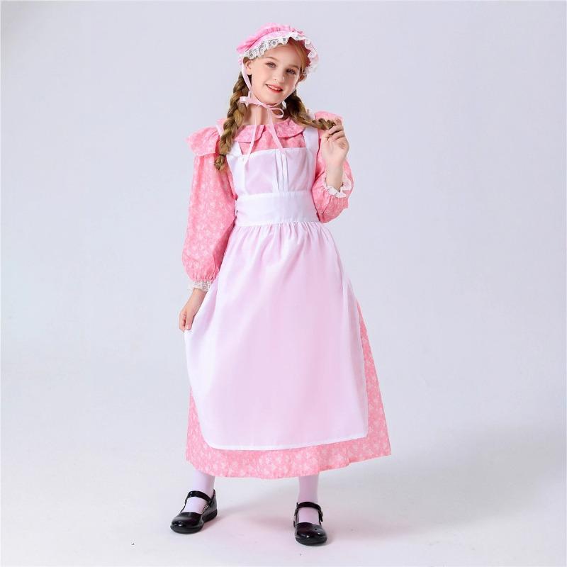 

Хэллоуин Европейский Средневековый Фермерский Пасторальный Костюм Горничной Девочка Розовое Цветочное Платье Костюм для Выступлений Маленькой Девочки 150cm