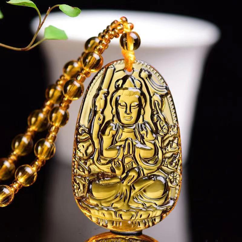 Yellow Crystal Necklace Long Sweater Chain Manjushri Pendant Amitabha Pendant Unisex Gift