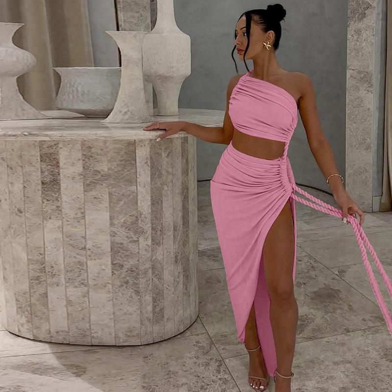 Women's autumn new fashion one shoulder tube top halter hollow tether pleated dress