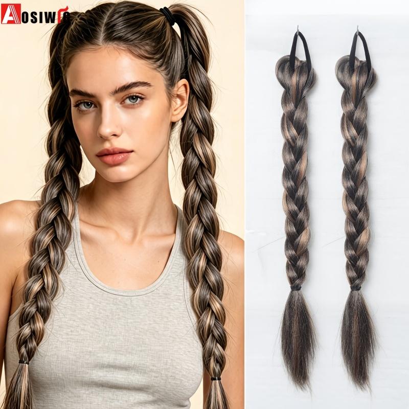 Synthetic Braided Ponytail Hair Extension with Rubber Band Natural Hair Pieces Braids Wig for Women Daily Wear Hair Accessories