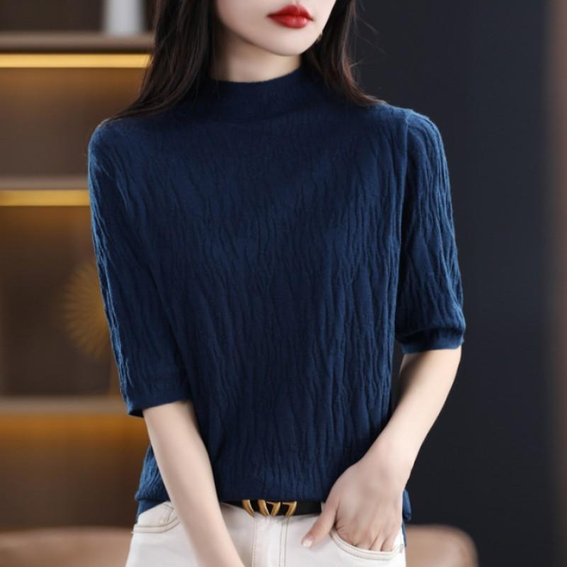 Women's Summer Half-High Neck Knit Top Solid Color Slim-Fit Elegant Blouse