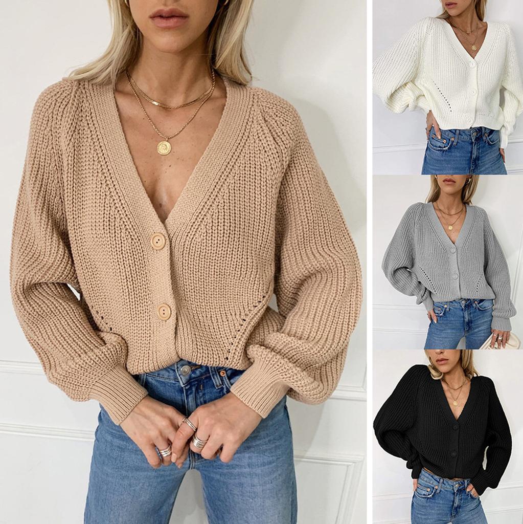 Women's   solid V-neck cardigan  SleeveButton Knit Sweater Cardigan