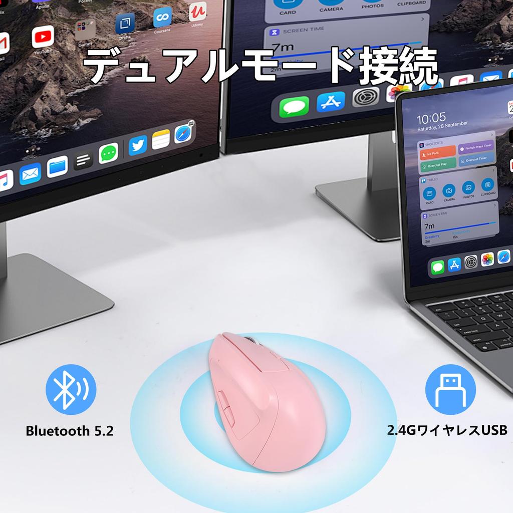 Vertical Bluetooth and USB Wireless Dual Medium 6 Vertical Compatible with and Microsoft Pink Mouse, 5.2 2.4GHz Mode, Size, Quiet, Rechargeable,