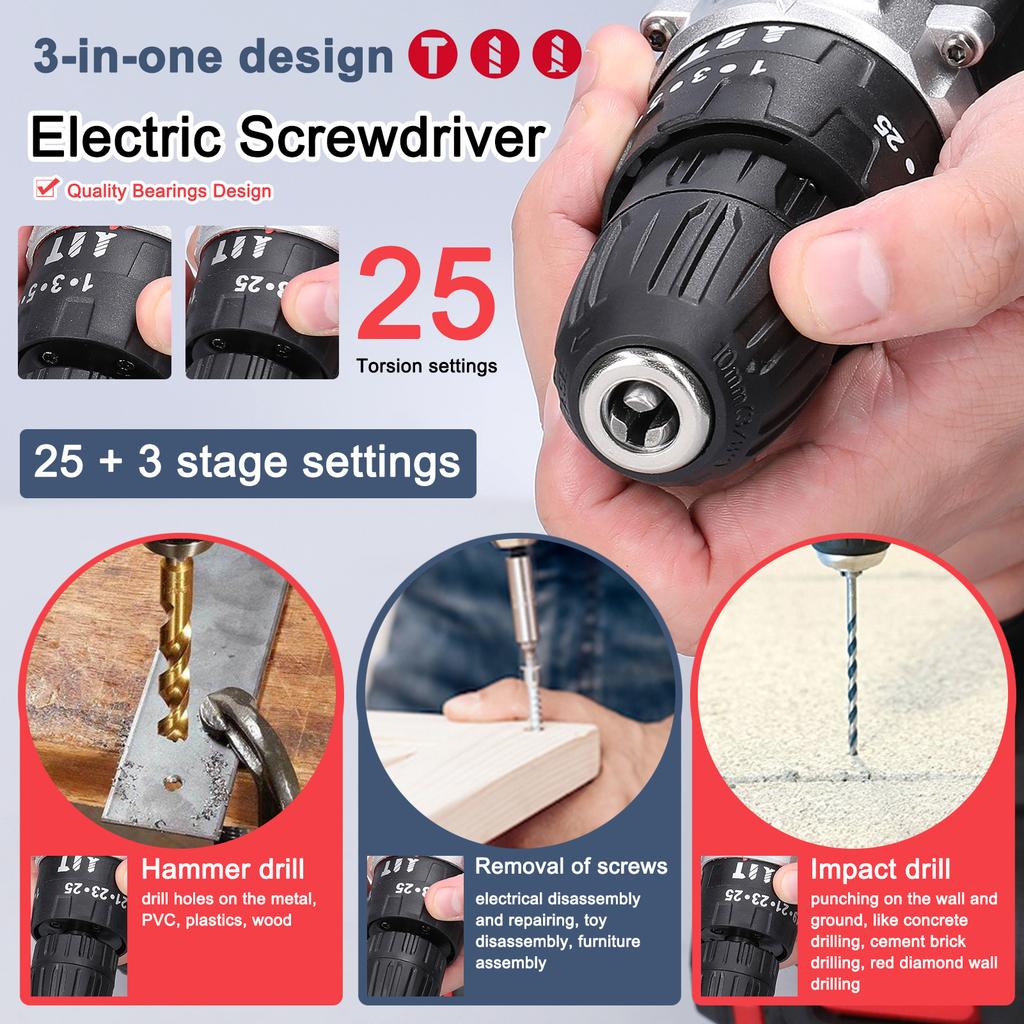 Household 3in1 Multifuctional Electric Drill Handheld Lithium Screwdriver 21V   Drill Brushed Motor 2 Speeds Control Stepless Speed Regulation Ro