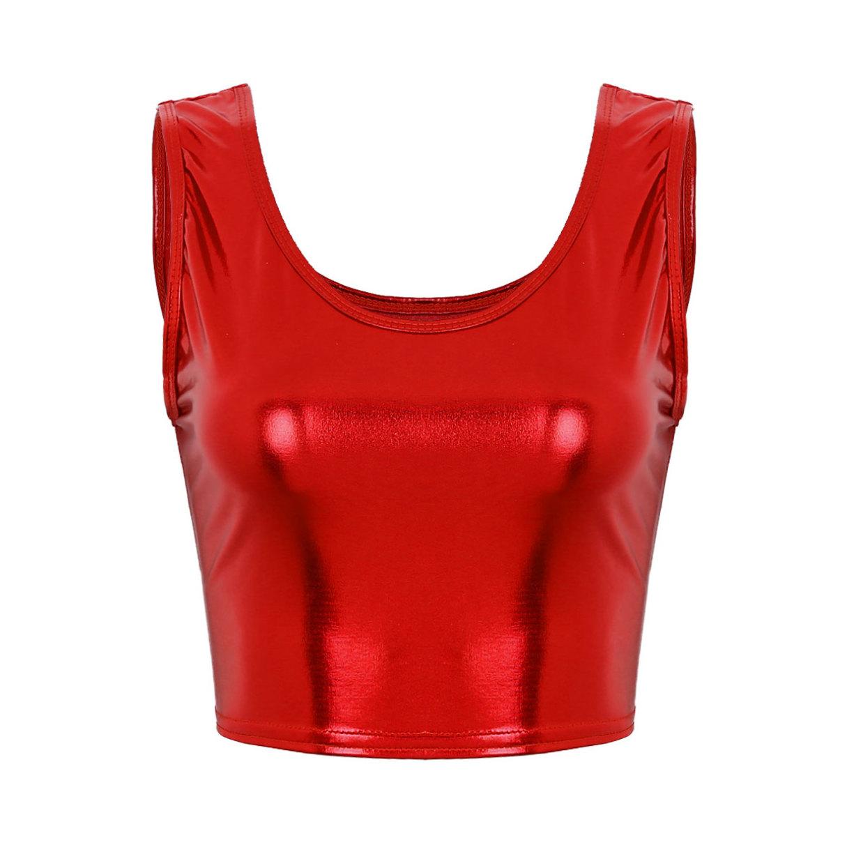 

Модна блискуча жилетка-майка для жінок і дівчаток, без рукавів, без рукавів, тонкі металеві топи, короткі футболки One Size червоний